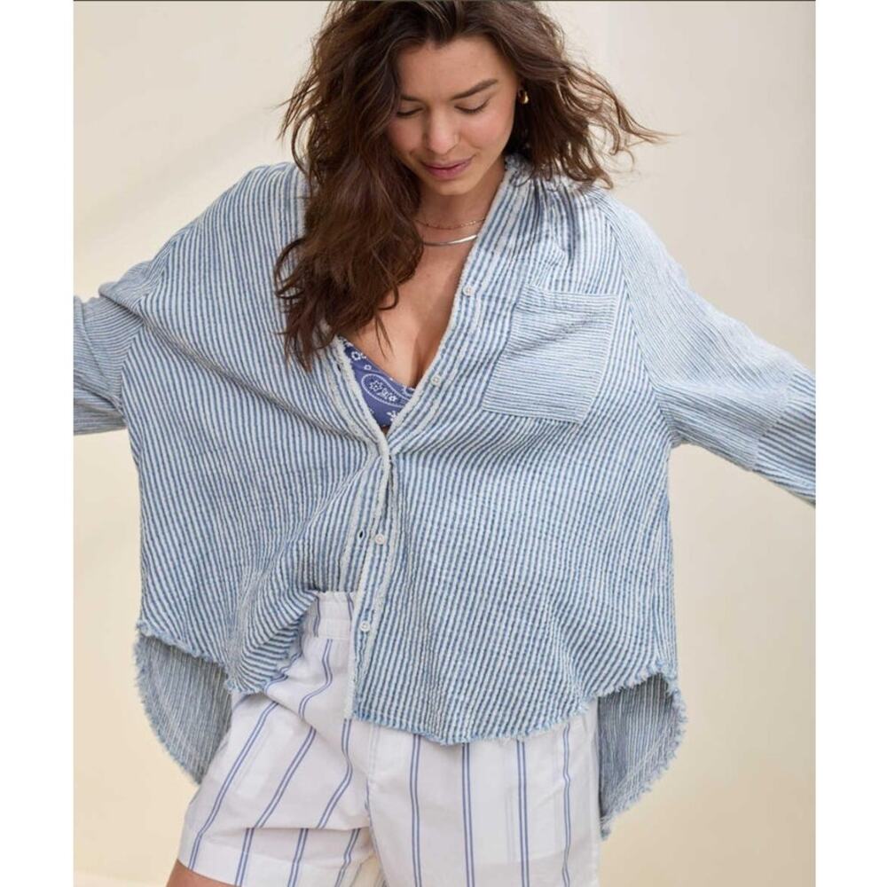 Aerie Daybreak Coverup Oversized Gauze Cotton Shirt  Small Relaxed Striped Beach
